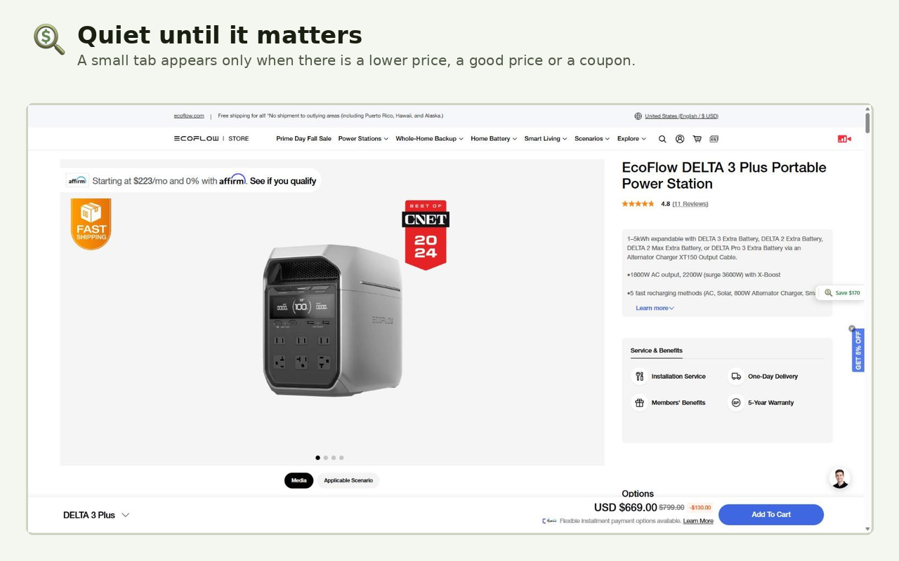 Small MoneyDeals tab at the right edge of a shop page